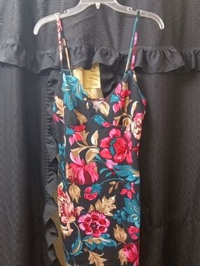 Floral Slip Dress with Pink & Teal Blooms| Size L